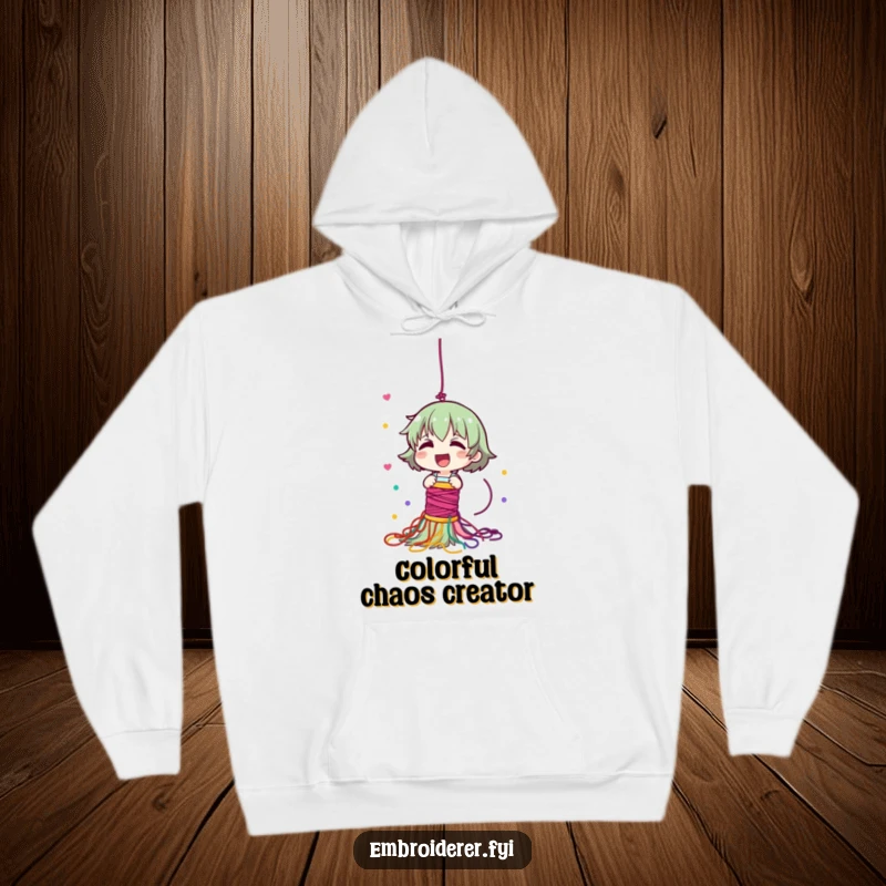 Funny hoodie depicting a giggling character dropping a spool of thread, creating a vibrant and colorful cascade of yarn.