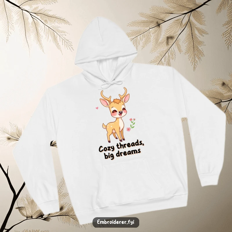 Funny hoodie featuring a happy deer looking lovingly at a completed, intricate embroidery design held proudly in his hoofs.