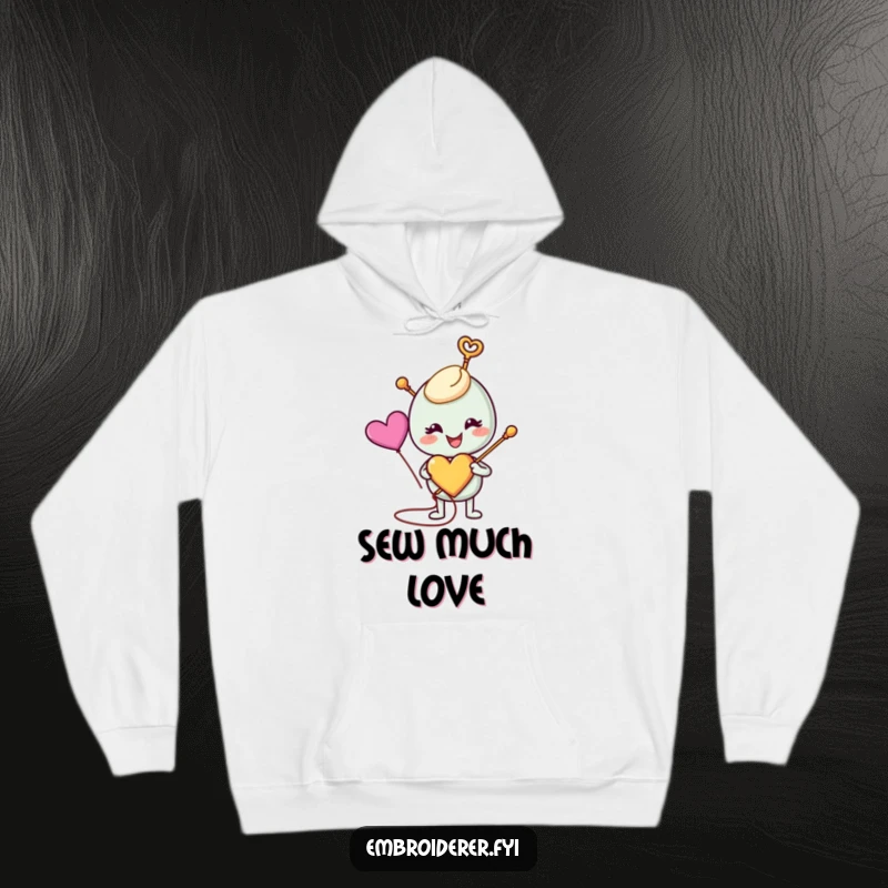 Funny anthropomorphic needle in a cozy hoodie, happily stitching a colorful heart, symbolizing passion and warmth, ideal for funny hoodie lovers.