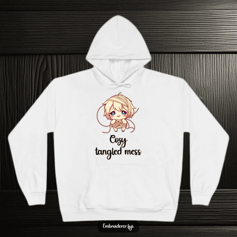 Funny hoodie featuring a character comically tangled in yarn, looking flustered but smiling, perfect for cozy knitting sessions.