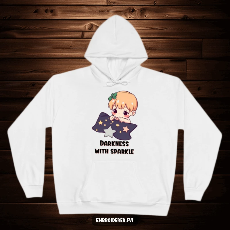 Funny hoodie depicting a determined character carefully stitching tiny stars onto dark fabric, a symbol of focused artistic effort.