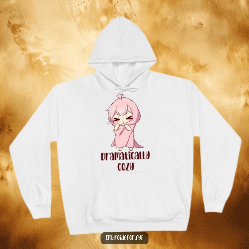 Funny hoodie featuring a character draped in fabric, striking a silly, dramatic pose, offering warmth and a splash of theatrical humor.