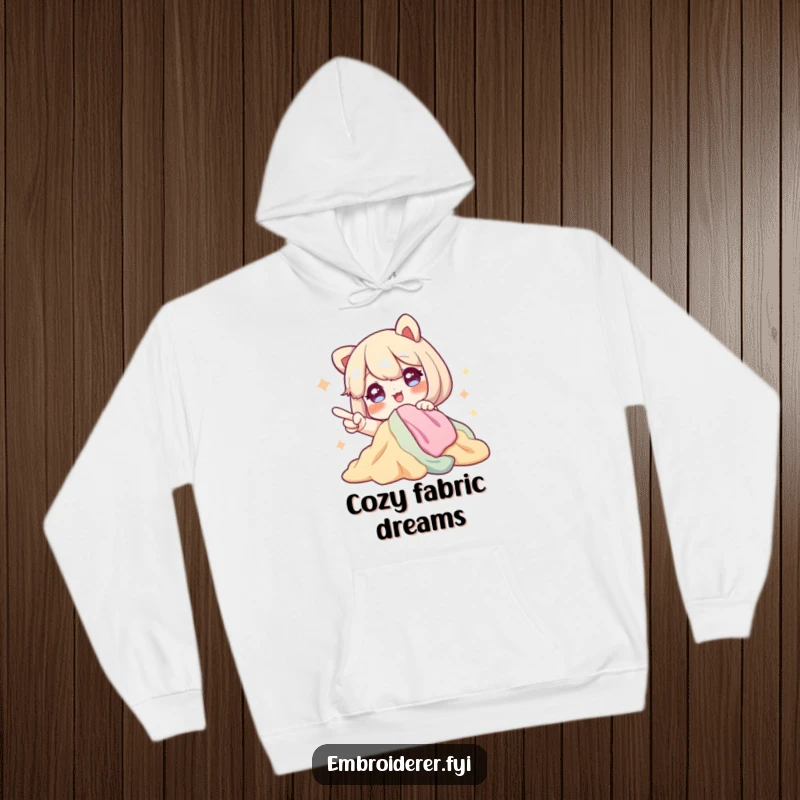 Funny hoodie featuring a character with sparkling eyes, excitedly pointing at a pile of fabric, perfect for cozy crafting sessions.