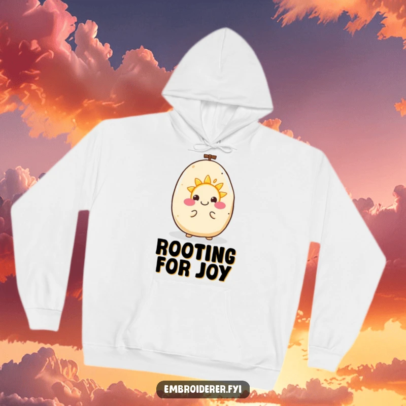 Funny hoodie showing a happy potato happily embroidering a tiny smiling sun, a cozy and cheerful design.