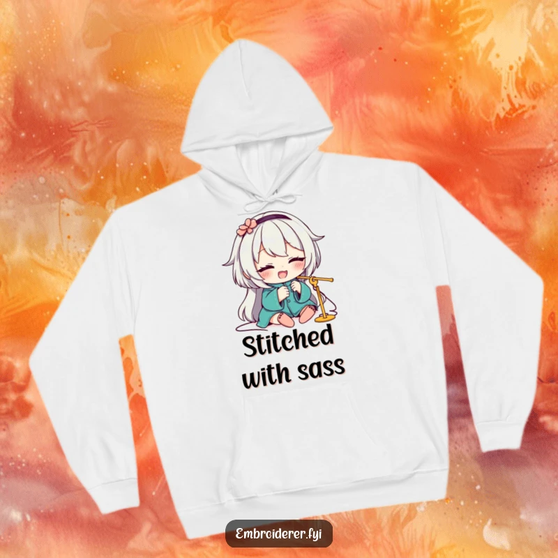 Funny Hoodie depicting a smiling character winking with expertise while threading a needle, ideal for a humorous sewing enthusiast.