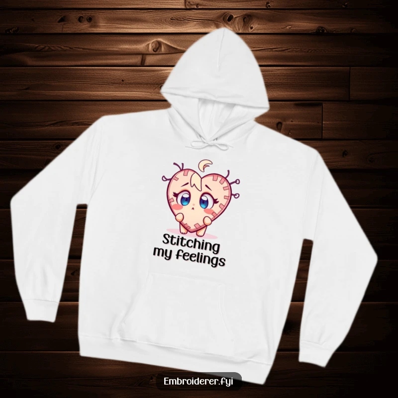 Funny stitch surprise hoodie featuring a character with wide eyes looking at a wobbly, half-finished stitched heart, ideal for cozy crafting.