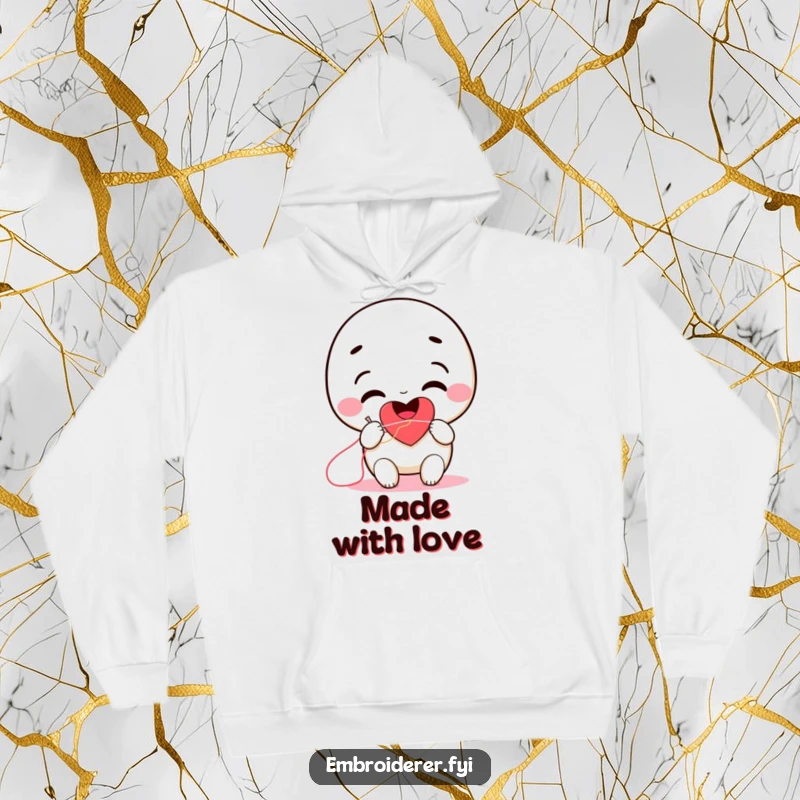 Funny smiling character stitching a heart with needle and thread, featured on a cozy hoodie.