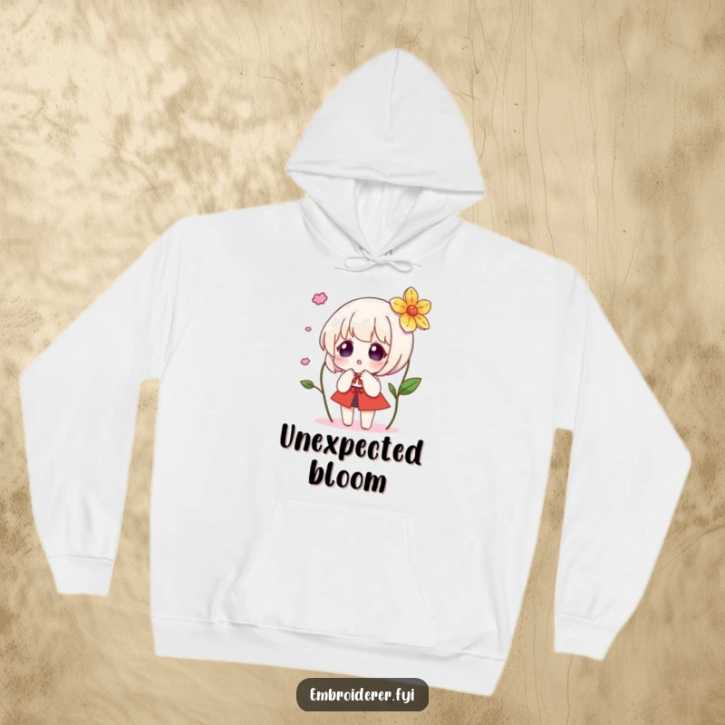 Funny hoodie illustrating a character’s astonished reaction to a magically appearing embroidered flower, perfect for adding whimsy.