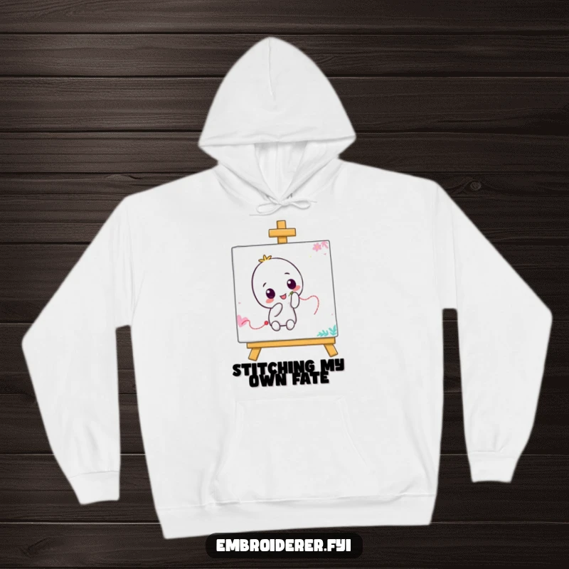 Funny hoodie depicting a smiling character with a needle, stitching a fun, wiggly line across a vibrant canvas, ideal for art enthusiasts.