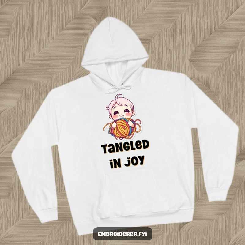 Funny yarn lover hoodie with a smiling character happily bewildered by tangled colorful yarn, ideal for cozy crafting.