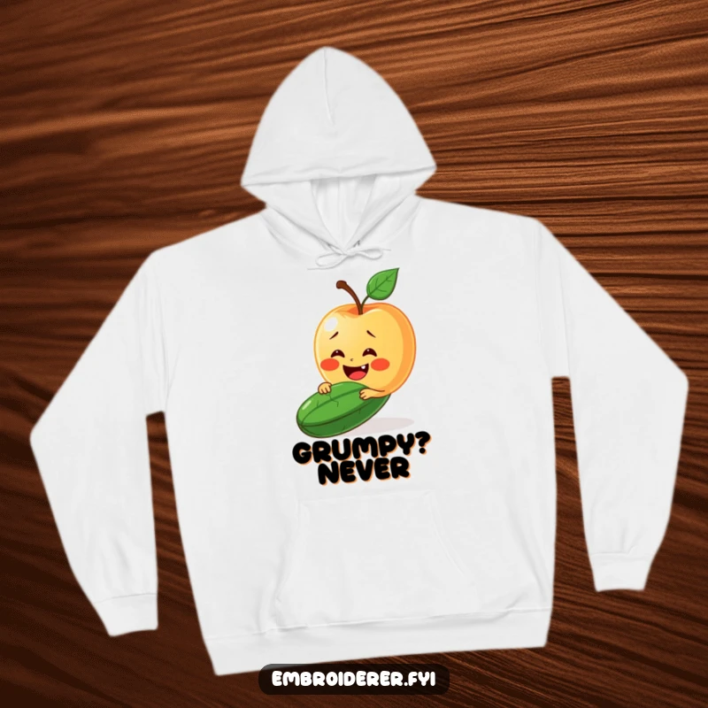 Funny hoodie showing a delighted apple trying to stitch a smile onto a grumpy cucumber's face.