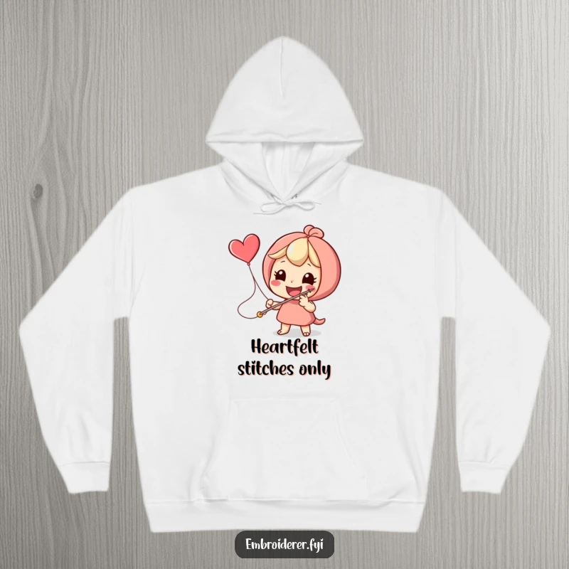 Funny, cozy hoodie featuring a character stitching a flying heart, symbolizing warmth, love, and crafting.