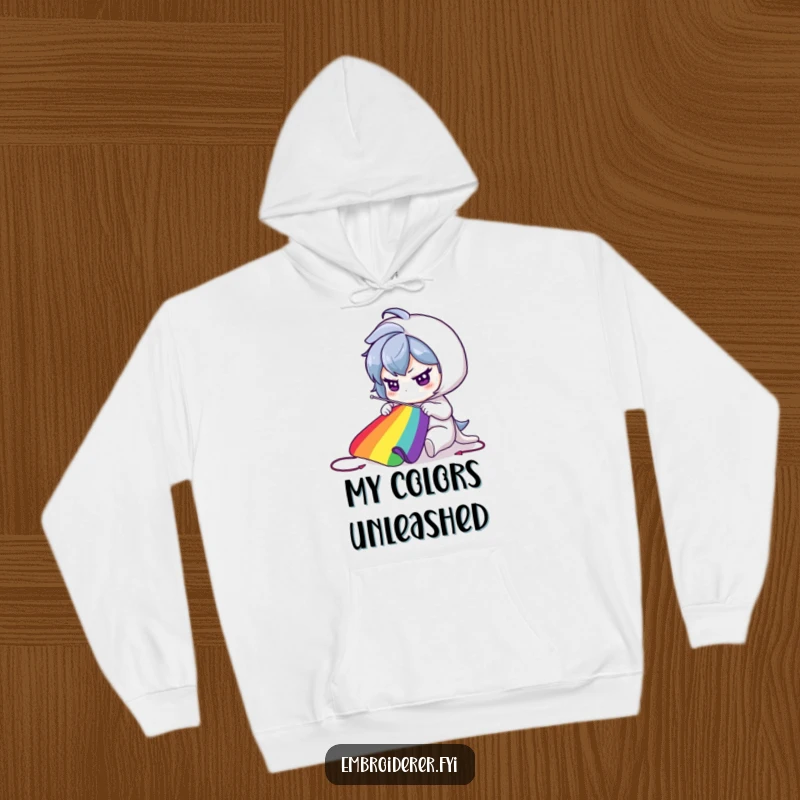 Funny Hoodie: Character determinedly sewing a vibrant rainbow, symbolizing creativity and perseverance.