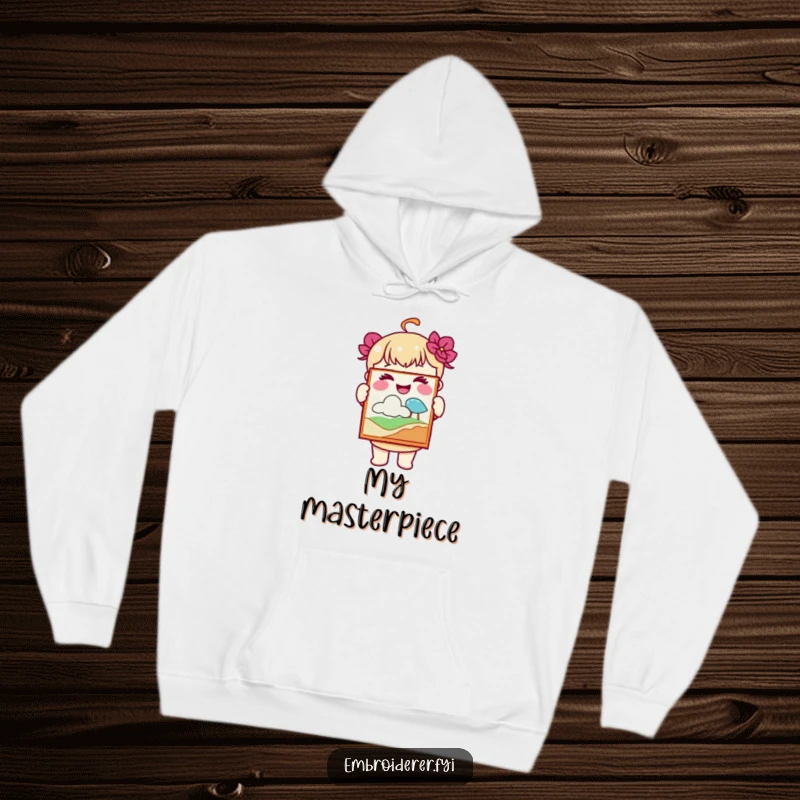 Funny hoodie showing a joyful character beaming while holding up a piece of handmade embroidered art, celebrating creativity.
