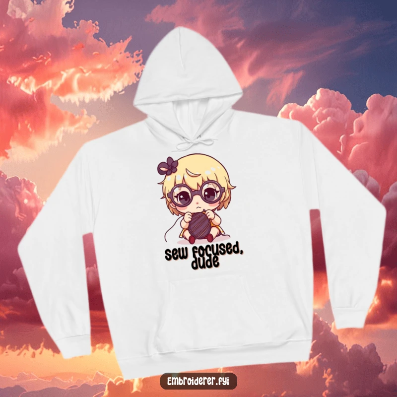 Funny hoodie depicting a cute character with oversized glasses, intently sewing with a needle and thread.