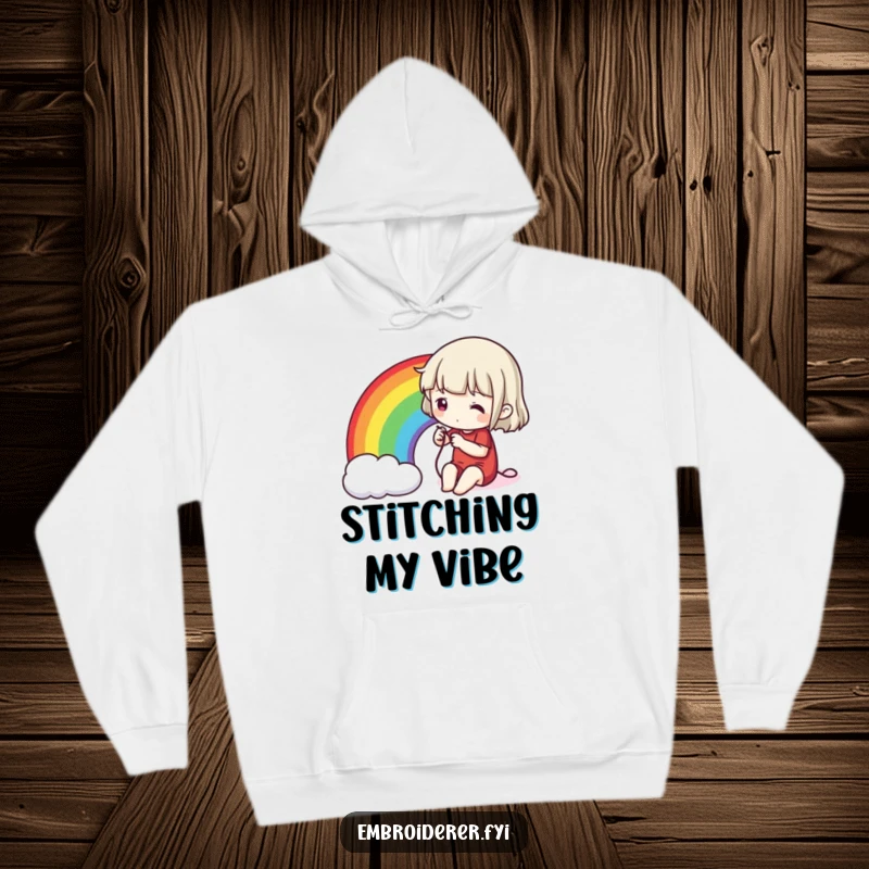 Funny stitching rainbow hoodie, showing a character engrossed in stitching a colorful, radiant rainbow onto fabric with precision.