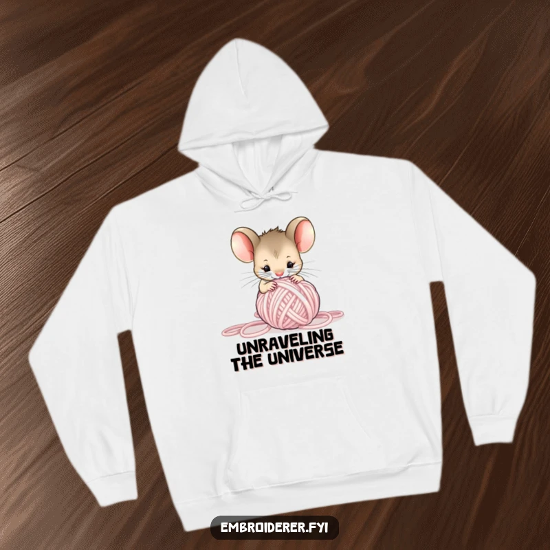 Funny Mouse Yarn Hoodie, a curious mouse looking at a tangled ball of yarn, cozy and humorous sweatshirt.