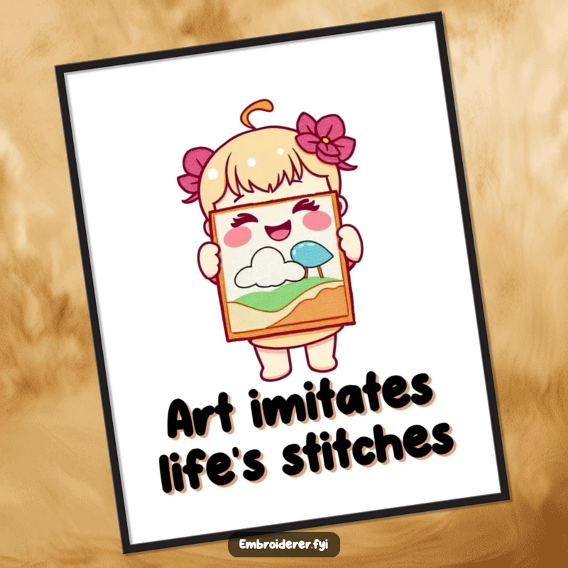 Funny Free Printable wall art of a character beaming with joy as they hold up a beautiful, completed piece of intricate embroidery.