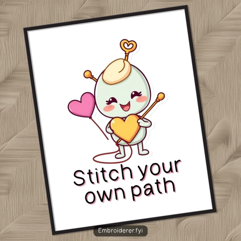 Joyful Free Printable Wall Art of a smiling needle happily stitching a colorful heart, a vibrant piece for any studio.