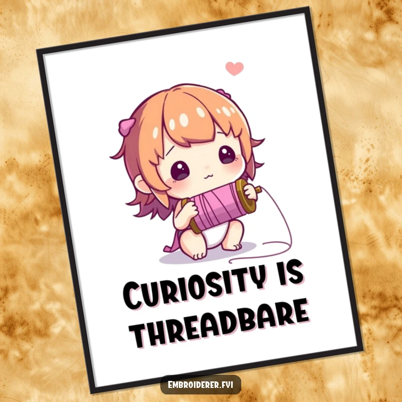 Funny Free Printable wall art showing a curious character intently examining a spool of thread with a look of deep wonder and fascination.