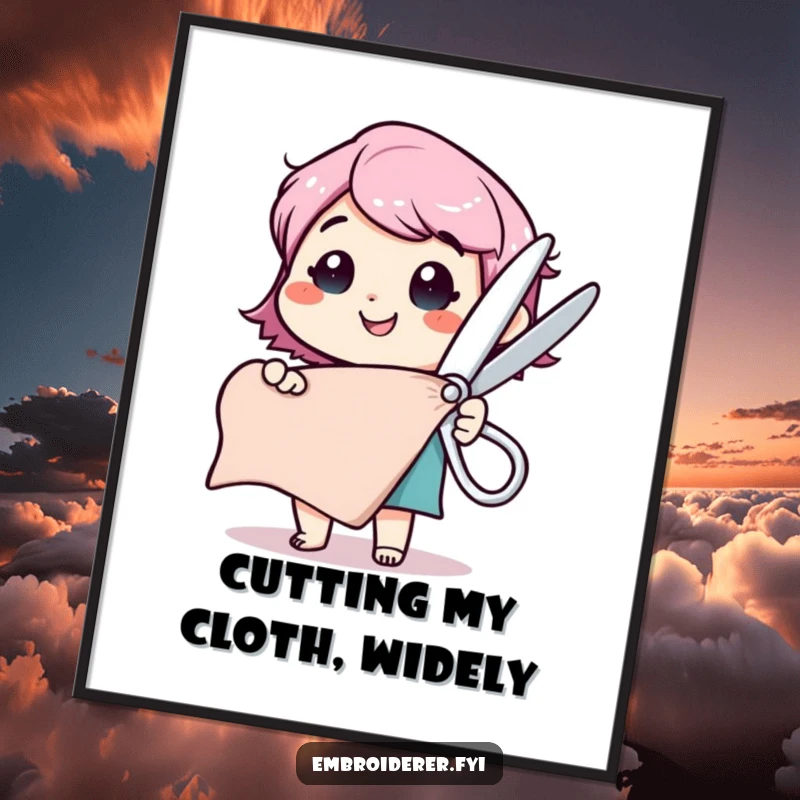 Funny Free Printable Wall Art: Happy character about to cut a fabric swatch with a comically large pair of scissors.