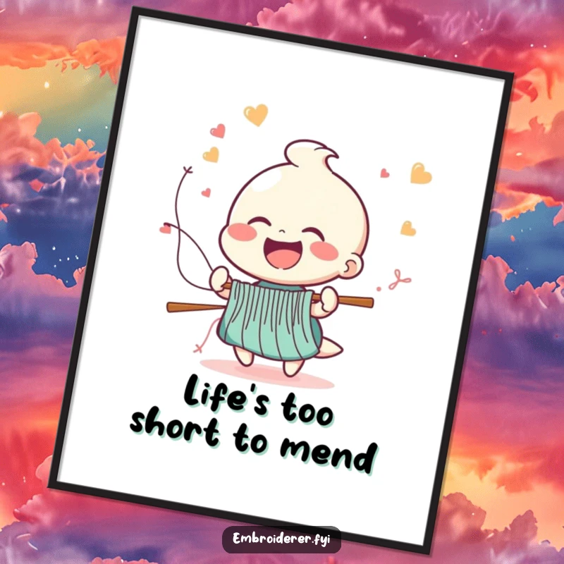 Funny Free Printable Wall Art: Cheerful figure laughing while stitches fly from a needle at high speed, bringing dynamic humor. A downloadable art piece.