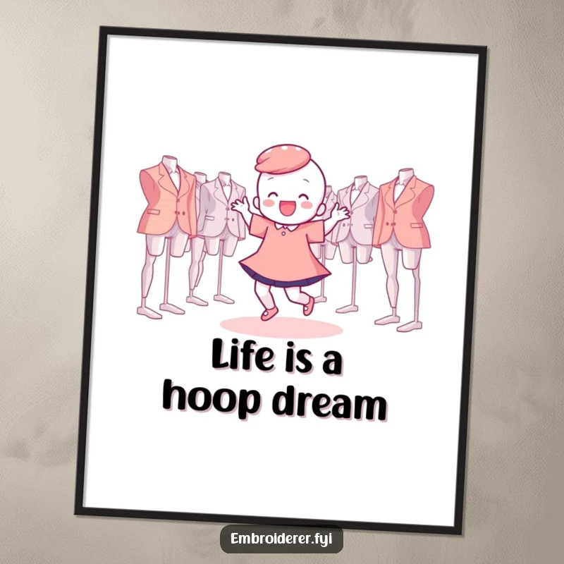 Funny Free Printable Wall Art of a character joyfully dancing surrounded by floating embroidery hoops, DIY decor.