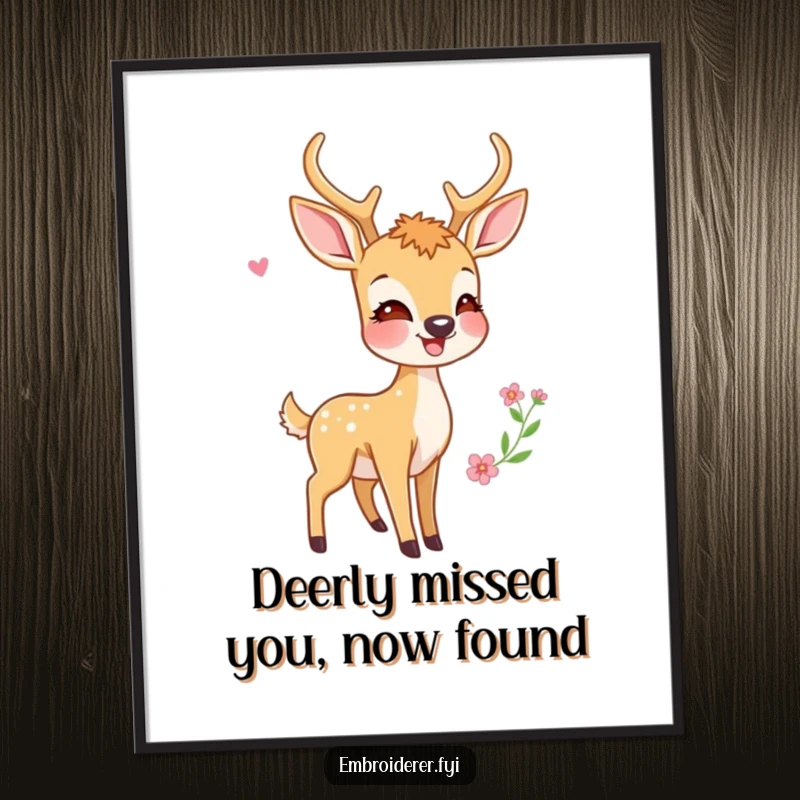 Funny Free Printable Wall Art: A happy deer gazes admiringly at a perfectly finished embroidery project, bringing whimsical charm.