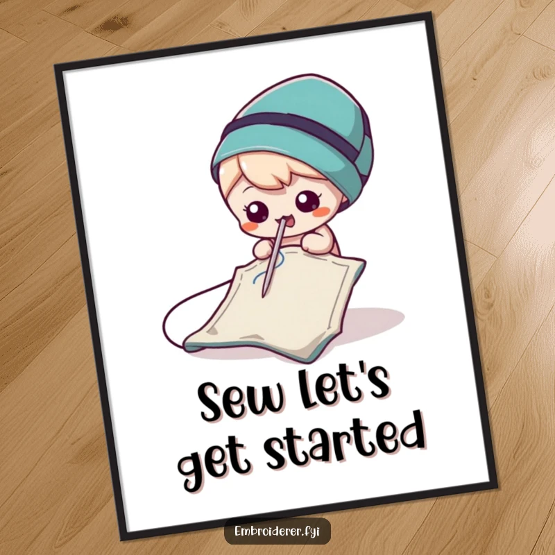 Funny Free Printable Wall Art: A mischievous cartoon needle joyfully poking a piece of colorful fabric, adding whimsy.