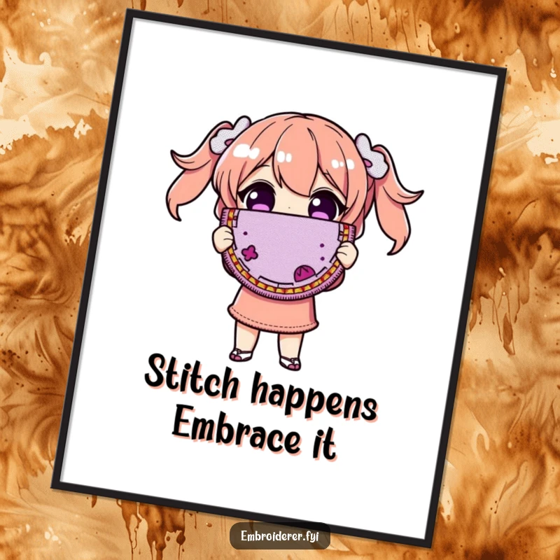 Funny Free Printable Wall Art: Character proudly holding up a magnificently flawed embroidered patch, a celebration of imperfection.