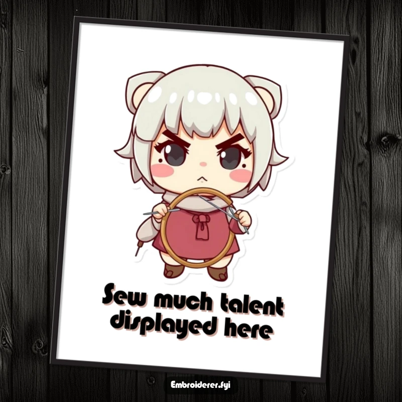 Funny Free Printable Wall Art: Determined character focused on needlework, capturing the spirit of a dedicated crafter.