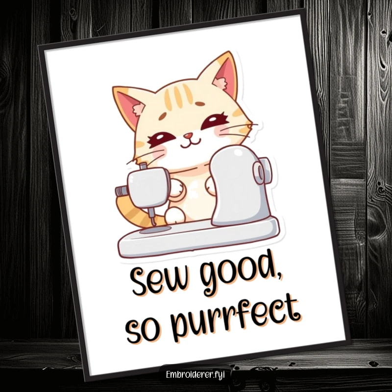 Funny free printable wall art: a happy cat focused on operating a sewing machine, creating a masterpiece.