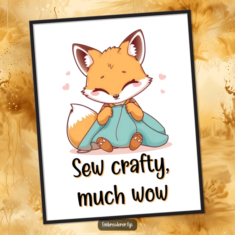 Funny free printable wall art: a winking fox meticulously pushes a needle through fabric, creating a stylish design.