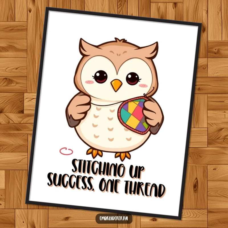 Funny free printable wall art: a smiling owl artistically stitches a colorful patch, adding a touch of whimsy.