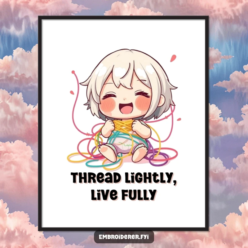 Funny Free Printable Wall Art: A character is shown giggling hysterically while completely entangled in vibrant, colorful embroidery thread.