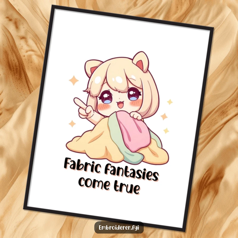 Funny Free Printable Wall Art of a character with sparkling eyes excitedly pointing at a large pile of fabric, symbolizing endless creative possibilities.