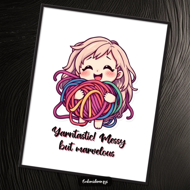 Funny Free Printable Wall Art: Smiling character happily tangled in yarn, quirky downloadable decor for craft lovers.