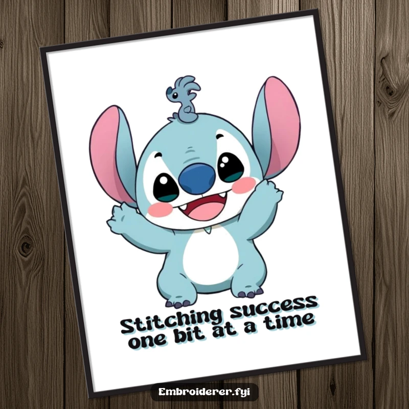 Funny Free Printable Wall Art of a character with a delighted expression holding up a single, tiny stitch, symbolizing the joy of crafting.