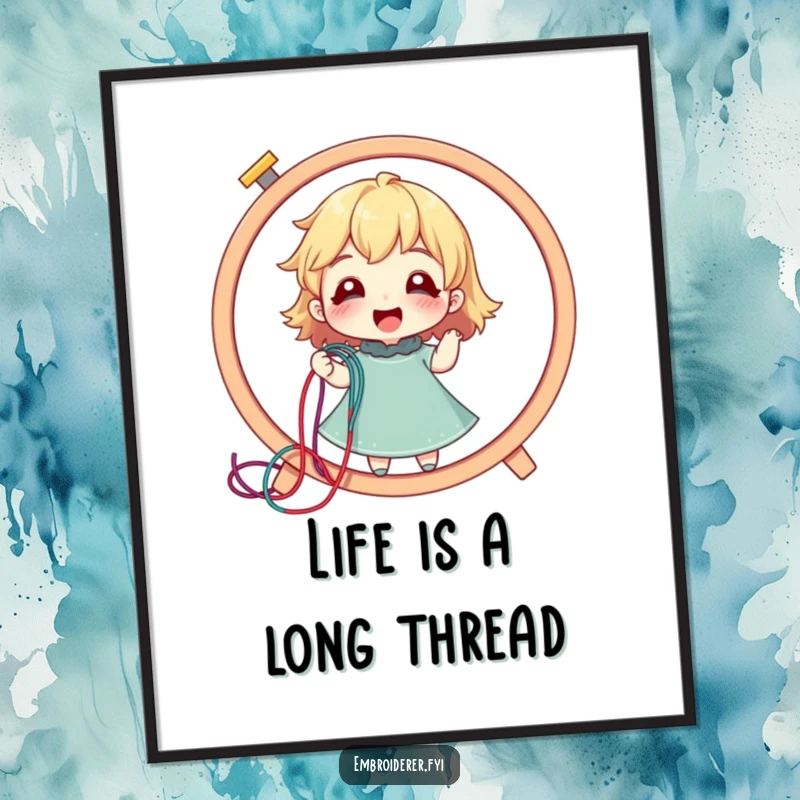 Funny Free Printable Wall Art: Character delighted, pulling a long, colorful thread from a giant embroidery hoop, radiating happiness and creativity.