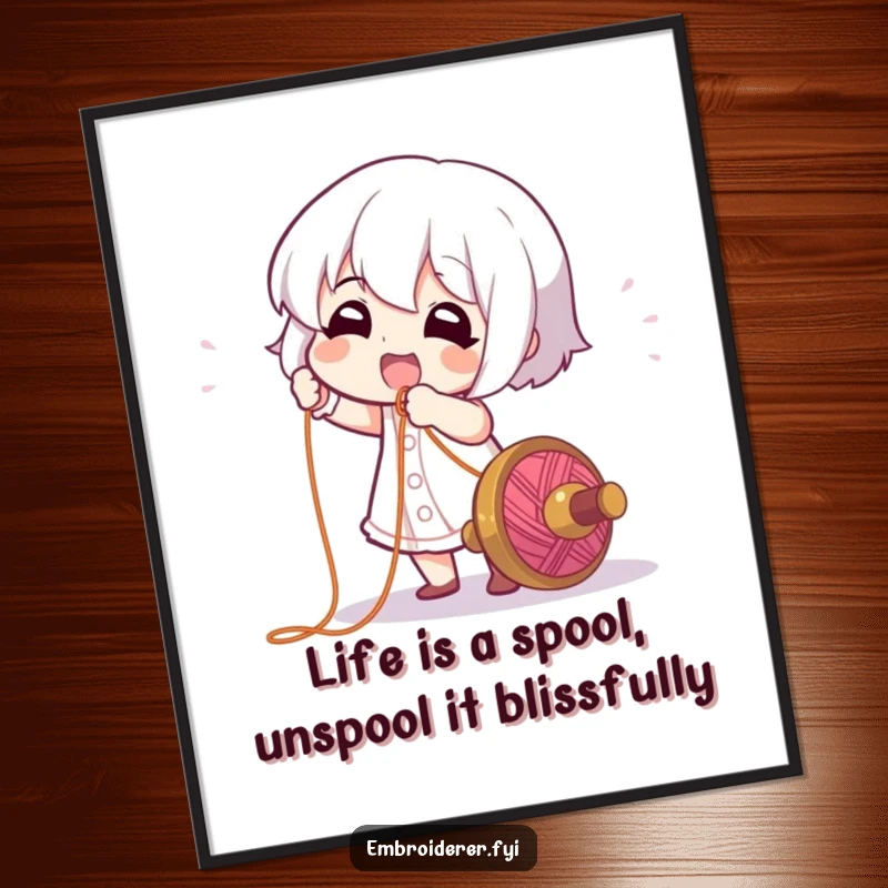 Funny Free Printable Wall Art depicting a character gleefully pulling a long, colorful thread from a spool, adding quirky charm.