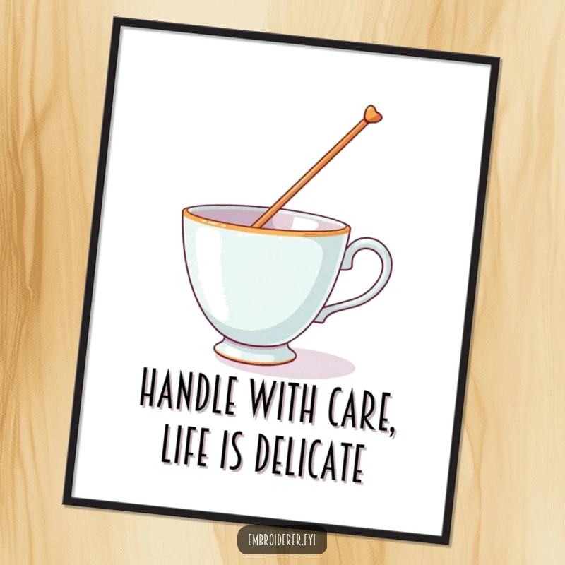 Funny free printable wall art depicting a teacup wobbling while balancing a giant needle on its rim, adding humor to home decor.