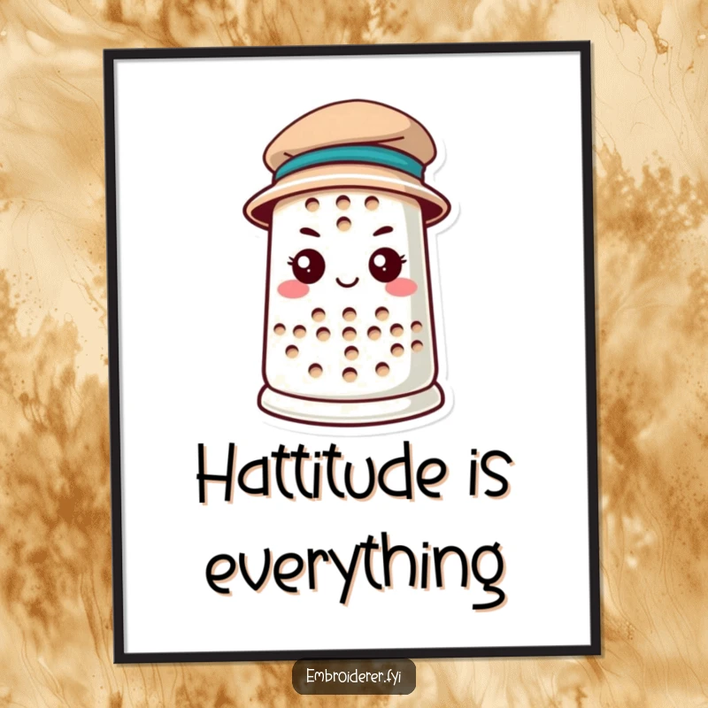 Charming Free Printable Wall Art of a determined thimble proudly wearing a tiny hat, a unique and stylish piece.