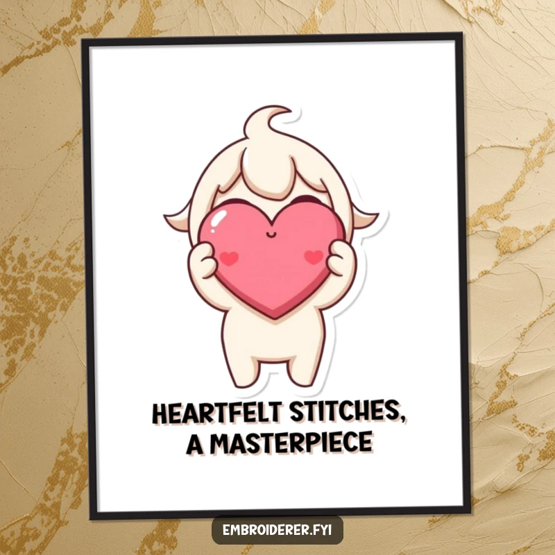 Funny Free Printable Wall Art: A character excitedly holds up a perfectly stitched, tiny smiling heart, radiating warmth.
