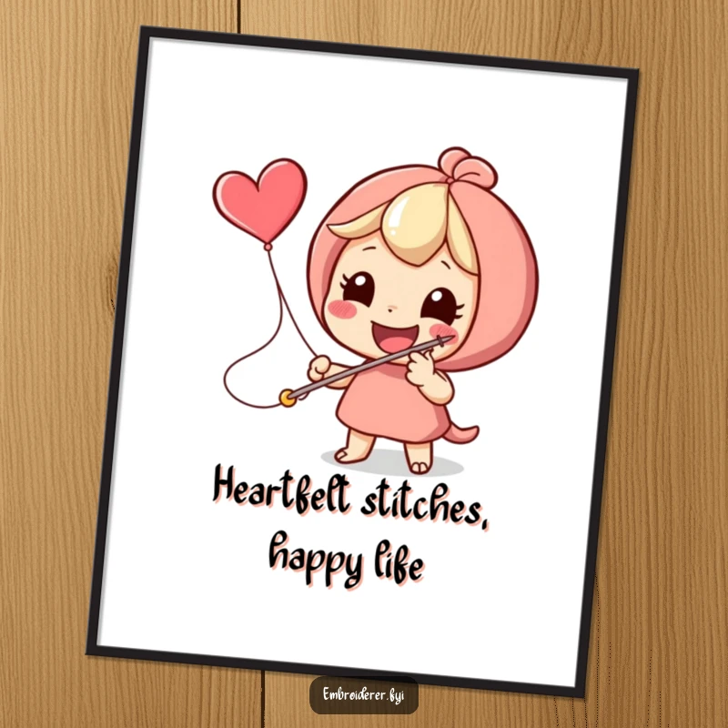 Funny Free Printable Wall Art: Whimsical character stitches a large, flying heart icon with a giant needle, bringing joy.