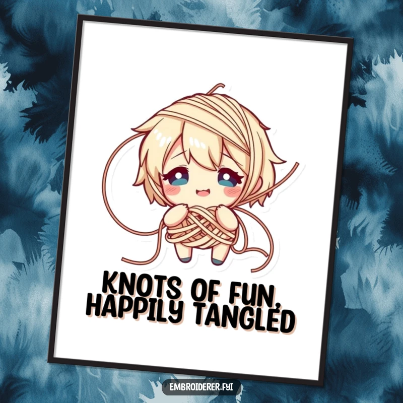 Funny Free Printable Wall Art depicting a character comically tangled in yarn, looking flustered but smiling, a humorous take on life's complexities.