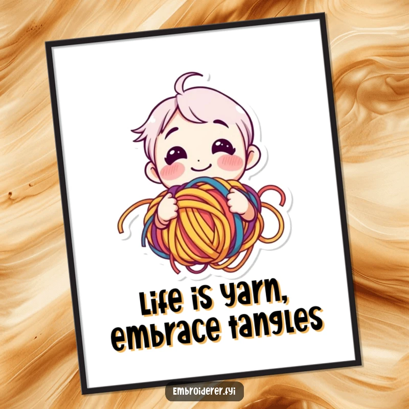 Funny Free Printable Wall Art: A smiling character happily bewildered by a giant, tangled ball of colorful yarn, bringing joy.