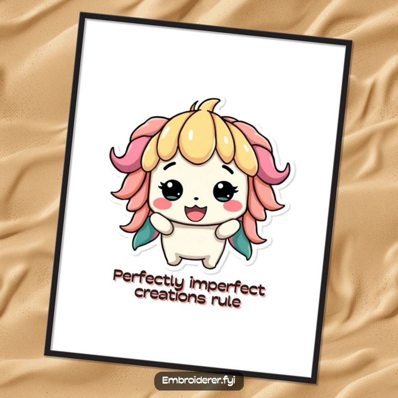 Funny Free Printable Wall Art showing a character proudly displaying a slightly lopsided but vibrant, colorful creation, celebrating artistic expression.