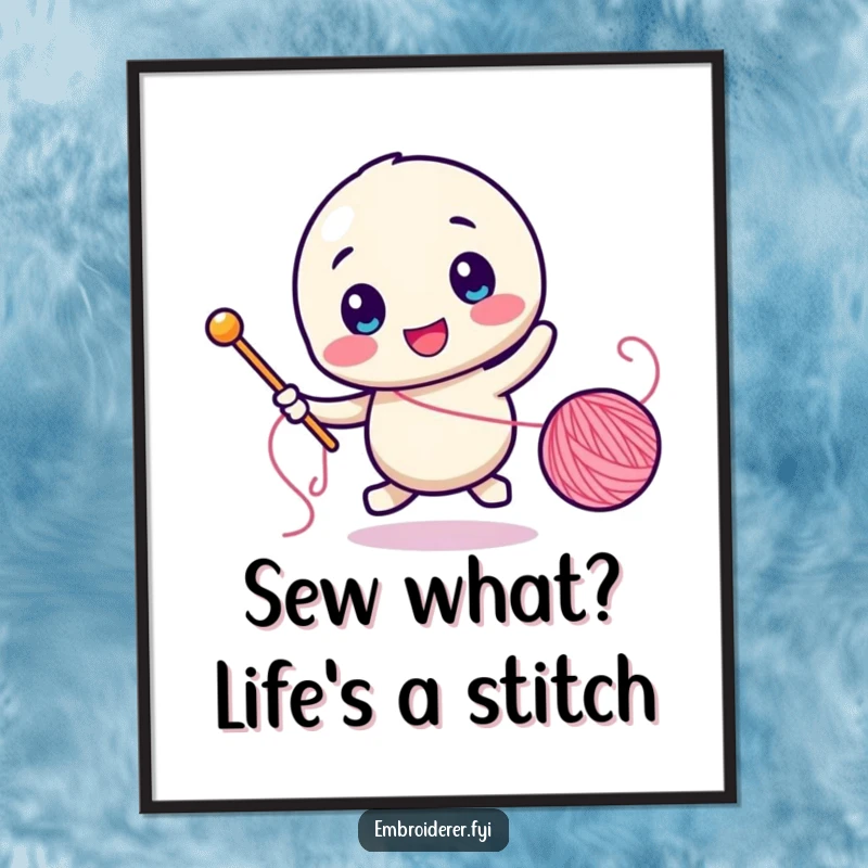 Funny Free Printable Wall Art: A character with needle in hand, comically in hot pursuit of a runaway spool of thread.