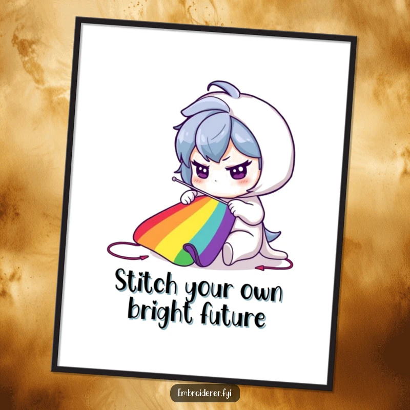 Funny Free Printable Wall Art depicting a determined character using a large needle to sew a vibrant rainbow.