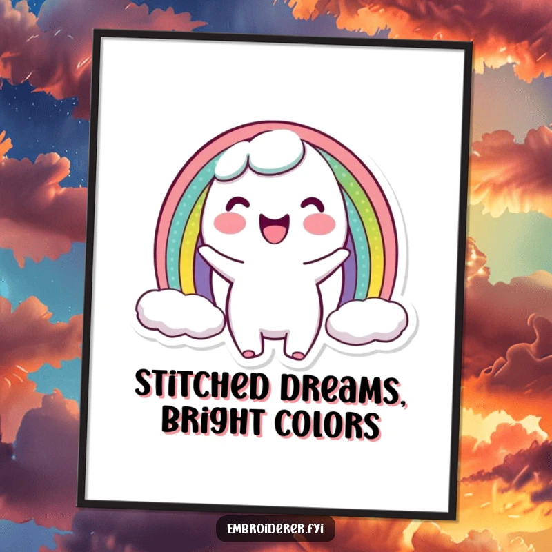 Funny Free Printable Wall Art: A joyful character proudly shows off a perfectly stitched miniature rainbow arc, adding vibrant cheer.